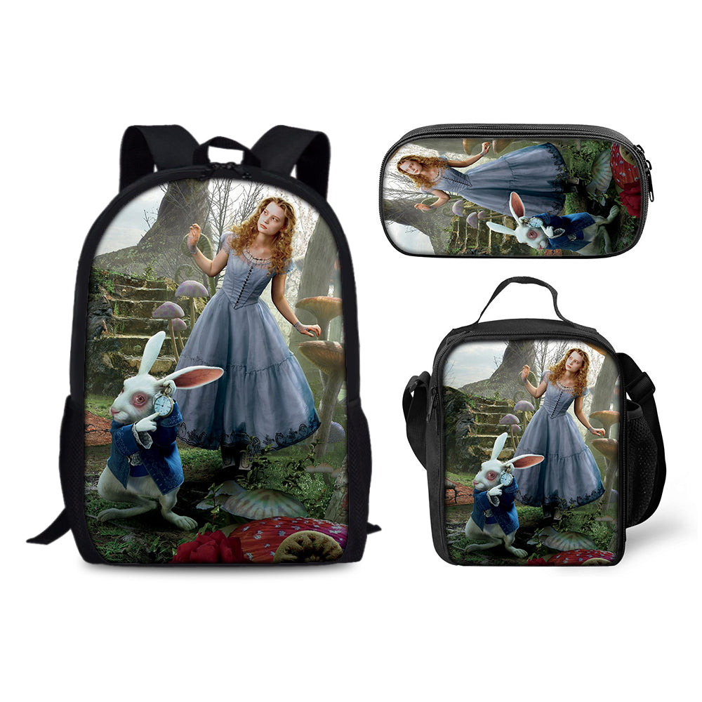 Alice Adventures in Wonderland Backpack Schoolbag Lunch Bag Pencil Bag for Kids Students 3PCS