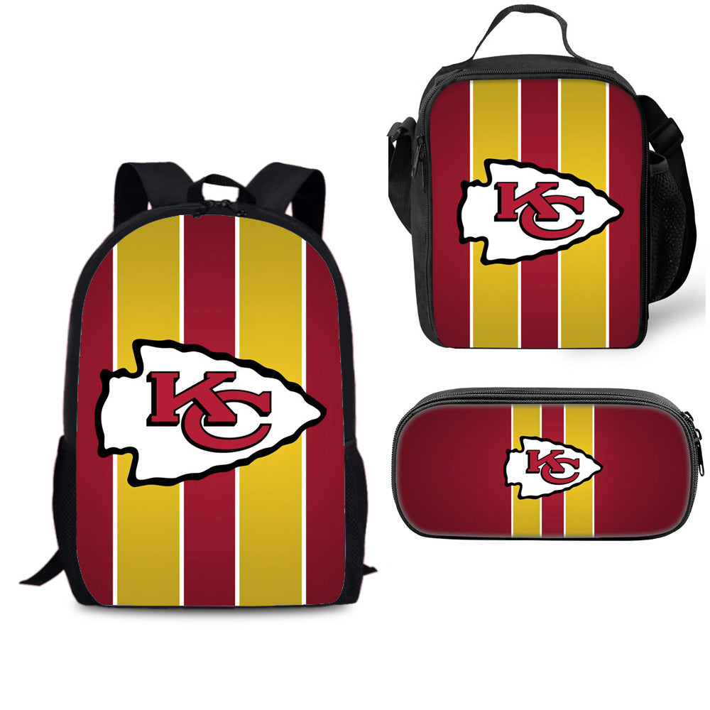 Kansas City Chiefs Football Team Full Printed Backpack Schoolbag Travel Notebook Bag Lunch Bag Pencil Bag for Kids Students 3PCS