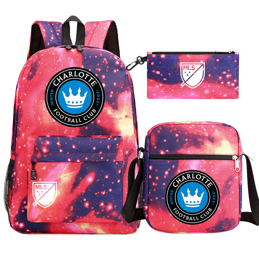 Charlotte Soccer Printed Schoolbag Backpack Shoulder Bag Pencil Bag 3pcs set for Kids Students