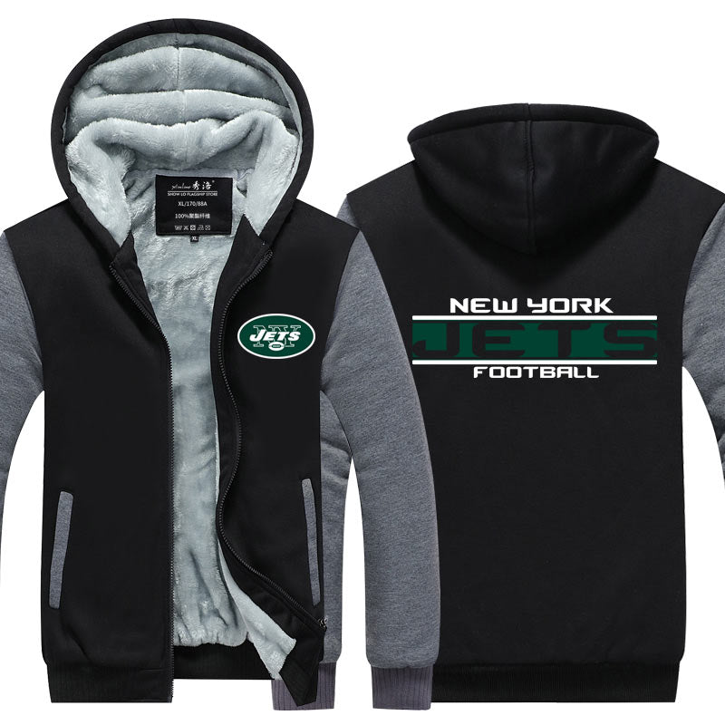 New York Football Team Jets Unisex Lined Hoodie Fleece Sweatshirt Full Zipper Hooded Thicken Jacket