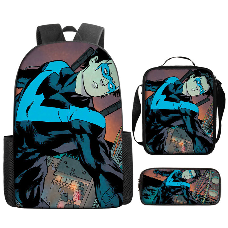 Nightwing Superhero Full Printed Backpack Schoolbag Travel Notebook Bag Lunch Bag Pencil Bag for Kids Students 3PCS