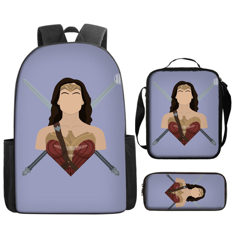 Wonder Woman Full Printed Backpack Schoolbag Travel Notebook Bag Lunch Bag Pencil Bag for Kids Students 3PCS