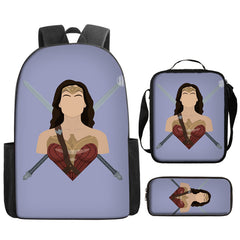 Wonder Woman Full Printed Backpack Schoolbag Travel Notebook Bag Lunch Bag Pencil Bag for Kids Students 3PCS