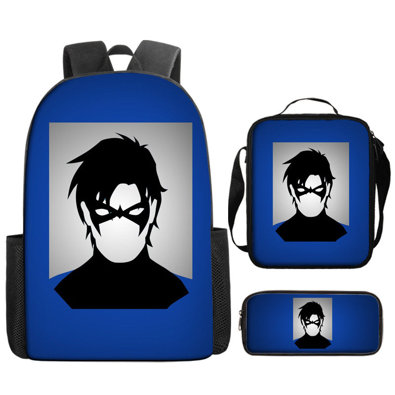 Nightwing Superhero Full Printed Backpack Schoolbag Travel Notebook Bag Lunch Bag Pencil Bag for Kids Students 3PCS