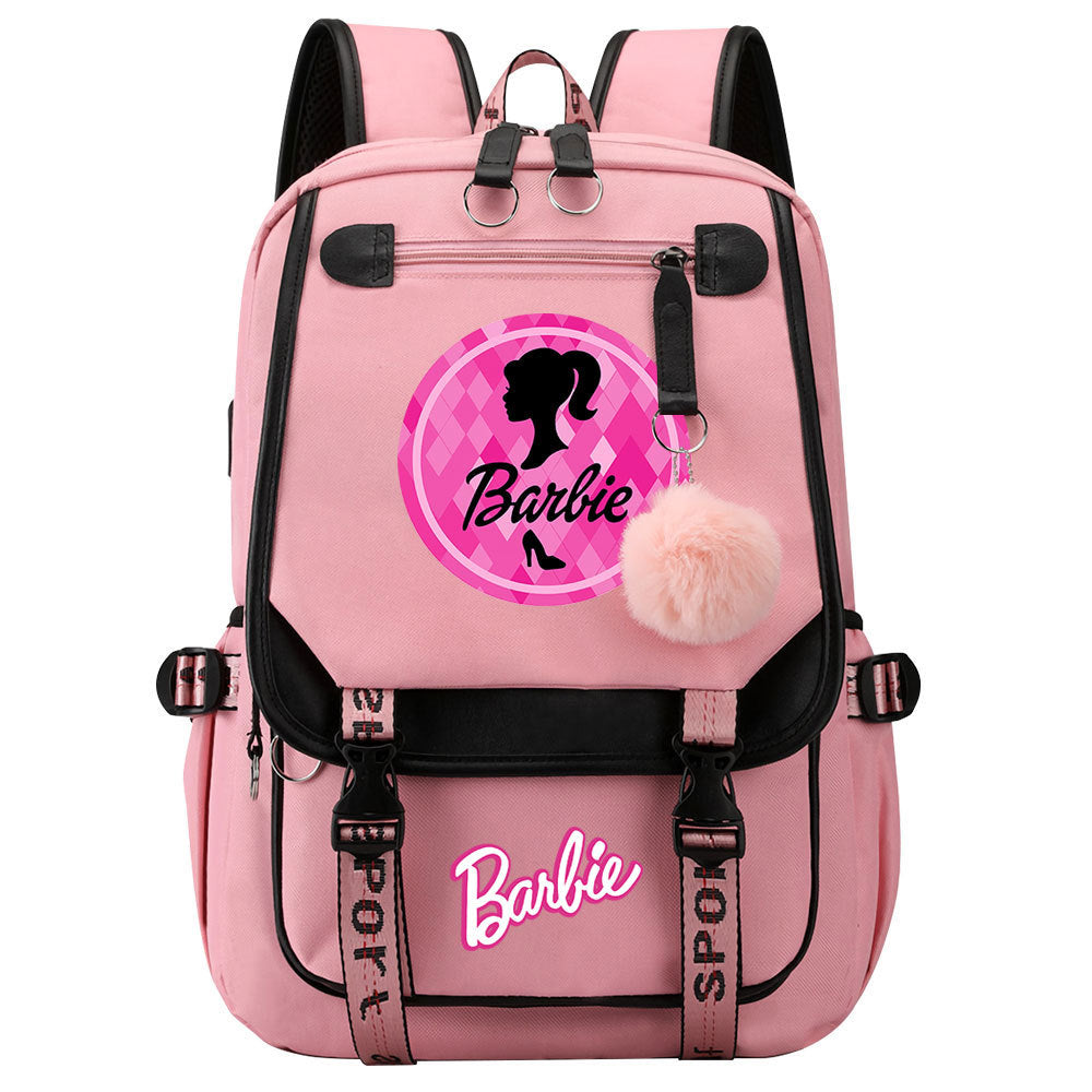 Pink Barbie  Waterproof Backpack School Notebook Travel Bags USB Charging