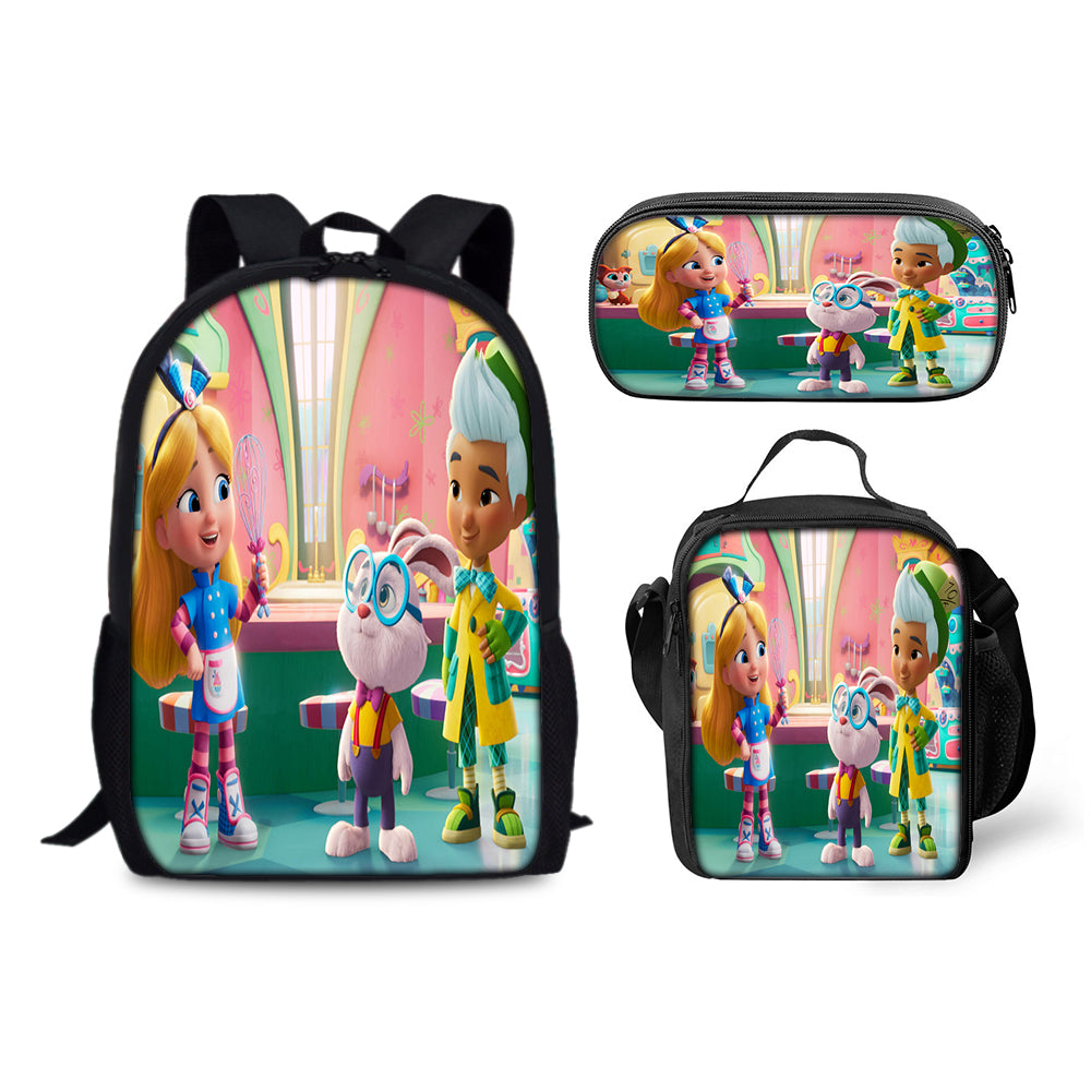 Alices Wonderland Bakery Backpack Schoolbag Lunch Bag Pencil Bag for Kids Students 3PCS