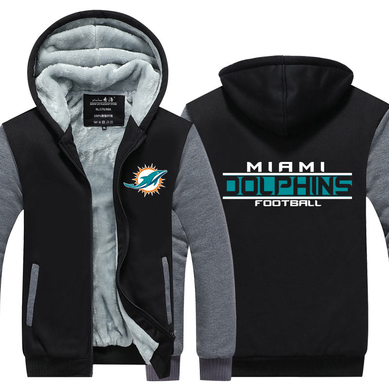 Miami Football Team Dolphins Unisex Lined Hoodie Fleece Sweatshirt Full Zipper Hooded Thicken Jacket