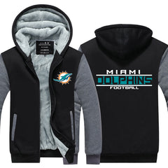 Miami Football Team Dolphins Unisex Lined Hoodie Fleece Sweatshirt Full Zipper Hooded Thicken Jacket