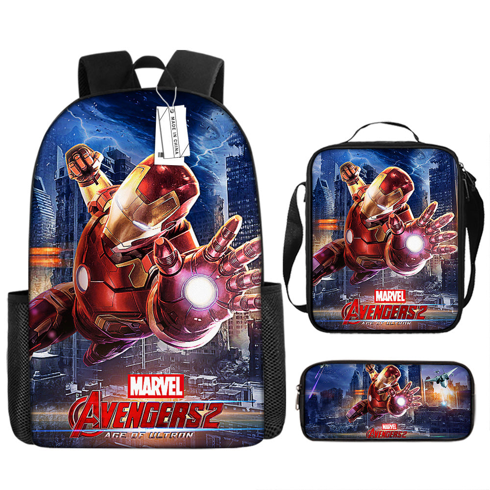 Iron Man Full Printed Backpack Schoolbag Travel Notebook Bag Lunch Bag Pencil Bag for Kids Students 3PCS