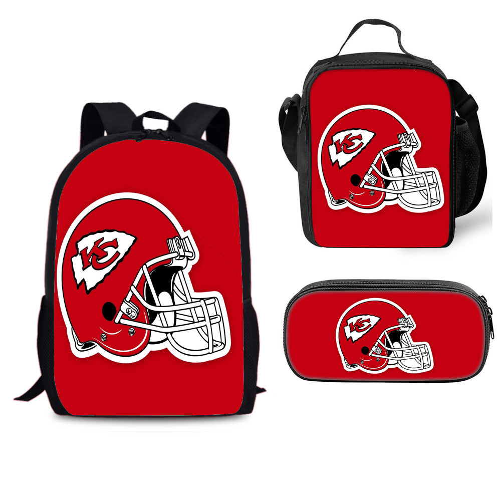 Kansas City Chiefs Football Team Full Printed Backpack Schoolbag Travel Notebook Bag Lunch Bag Pencil Bag for Kids Students 3PCS