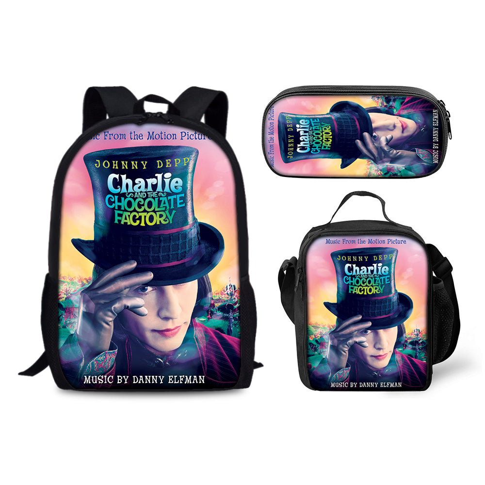 Charlie and the Chocolate Factory Backpack Schoolbag Lunch Bag Pencil Bag for Kids Students 3PCS