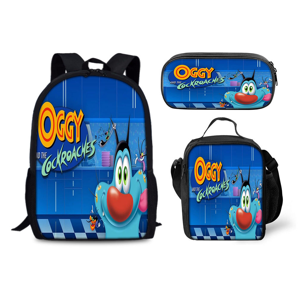 Oggy and the Cockroaches Backpack Schoolbag Lunch Bag Pencil Bag for Kids Students 3PCS