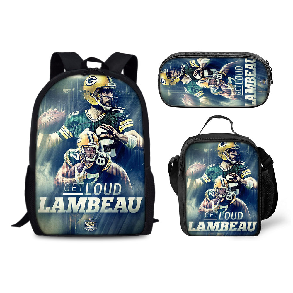 Green Bay Packers Football Team Backpack Schoolbag Lunch Bag Pencil Bag for Kids Students 3PCS