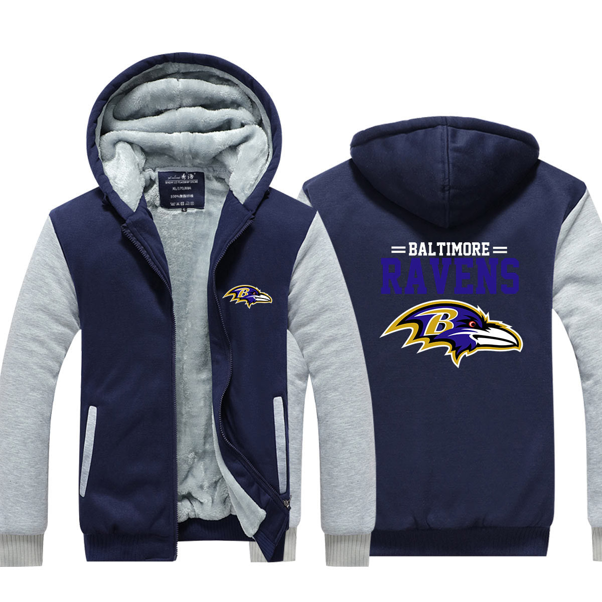 Baltimore  Football Ravens  Unisex Lined Hoodie Fleece Sweatshirt Full Zipper Hooded Thicken Jacket