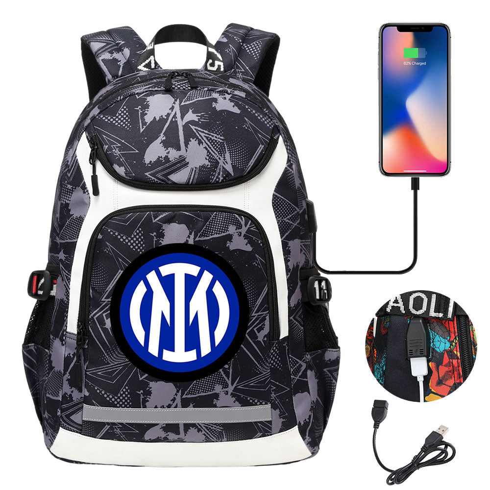 Internazionale Milano Football Club USB Charging Backpack School Notebook Travel Bags