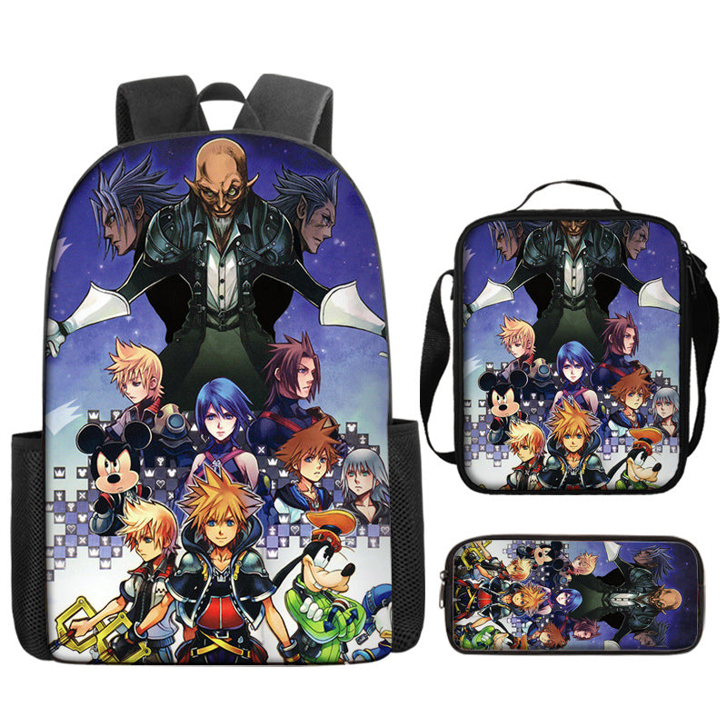 Kingdom Hearts Full Printed Backpack Schoolbag Travel Notebook Bag Lunch Bag Pencil Bag for Kids Students 3PCS