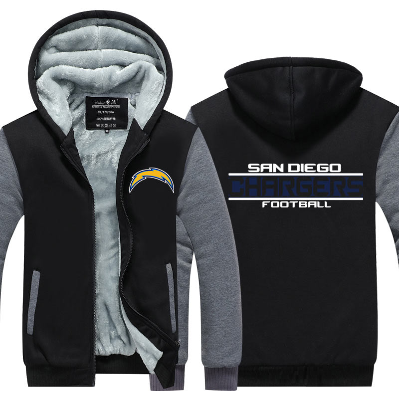 San Diego Football Team  Chargers  Unisex Lined Hoodie Fleece Sweatshirt Full Zipper Hooded Thicken Jacket