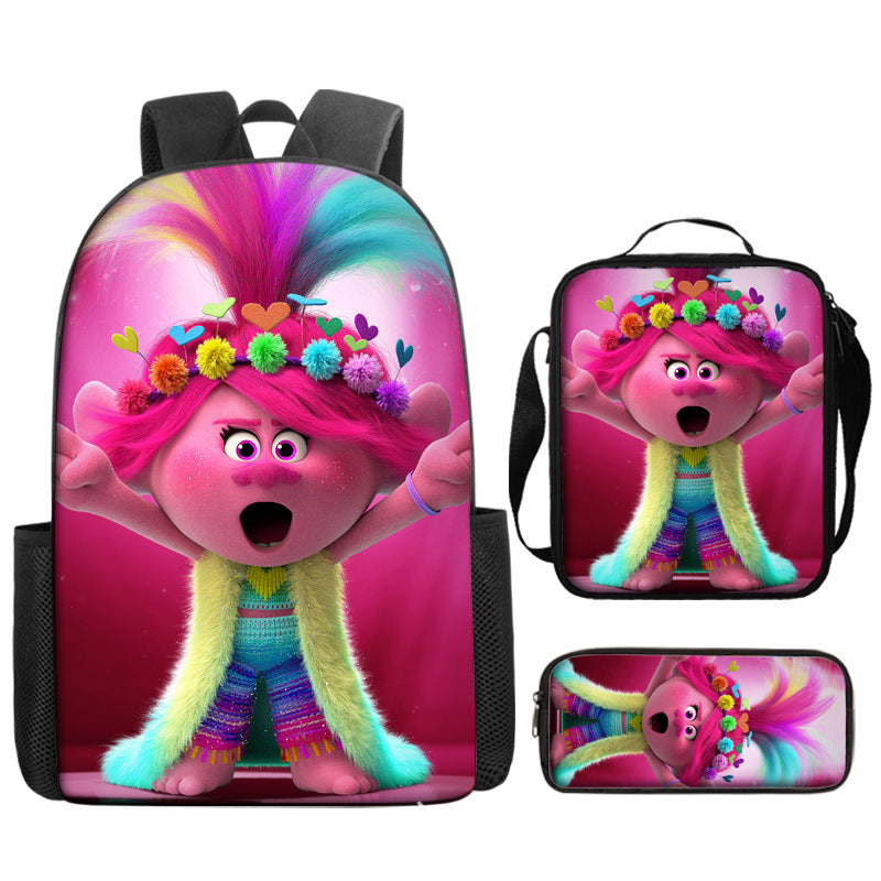 Trolls Full Printed Backpack Schoolbag Travel Notebook Bag Lunch Bag Pencil Bag for Kids Students 3PCS