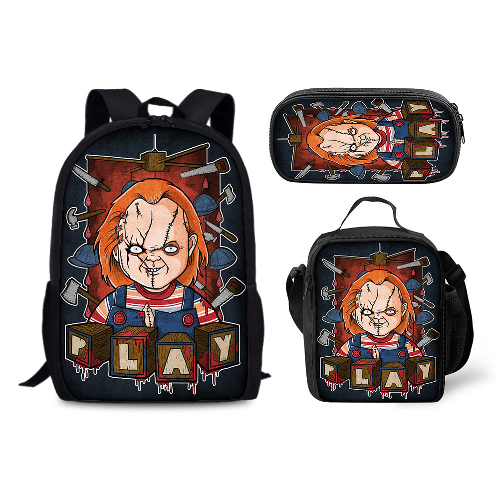 Child's Play Chucky Backpack Schoolbag Lunch Bag Pencil Bag for Kids Students 3PCS