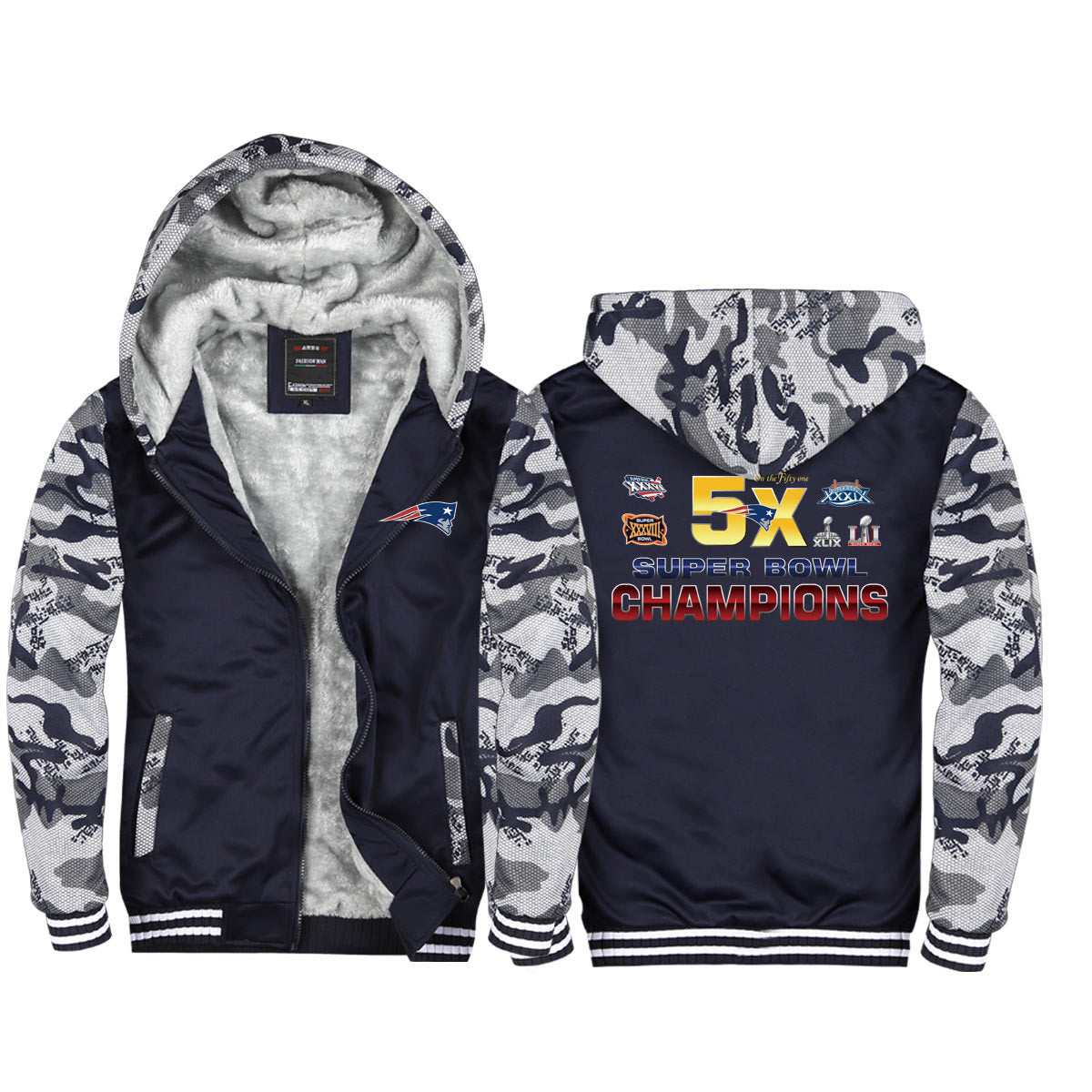 New England  Football Patriots Unisex Lined Hoodie Fleece Sweatshirt Full Zipper Hooded Thicken Jacket