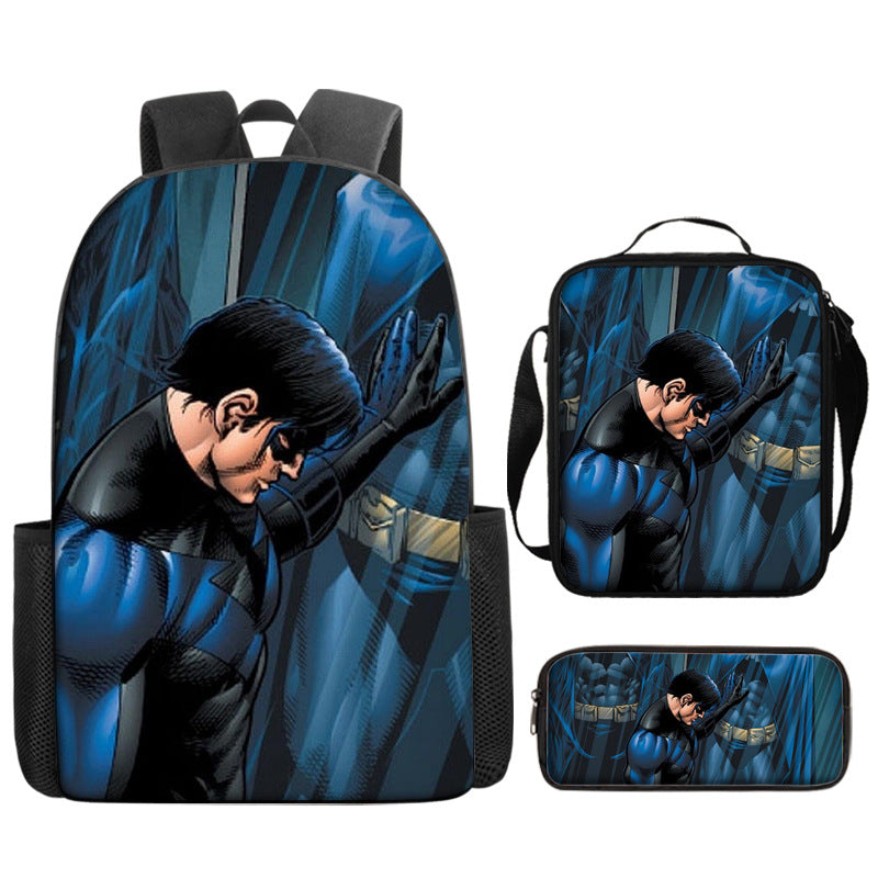 Nightwing Superhero Full Printed Backpack Schoolbag Travel Notebook Bag Lunch Bag Pencil Bag for Kids Students 3PCS