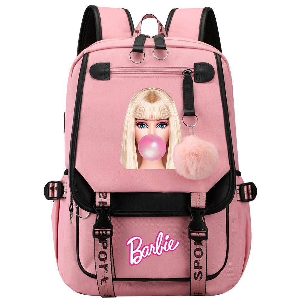 Pink Barbie  Waterproof Backpack School Notebook Travel Bags USB Charging