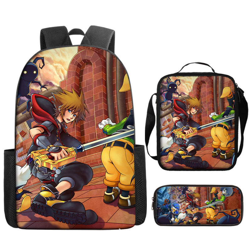 Kingdom Hearts Full Printed Backpack Schoolbag Travel Notebook Bag Lunch Bag Pencil Bag for Kids Students 3PCS