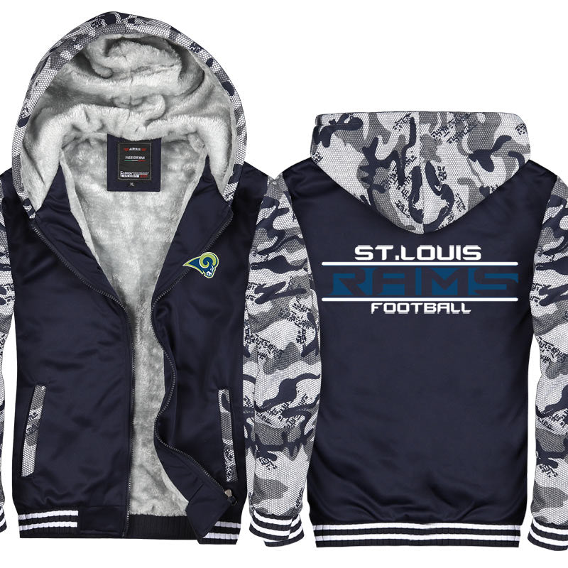 St Louis Football Team Rams  Unisex Lined Hoodie Fleece Sweatshirt Full Zipper Hooded Thicken Jacket