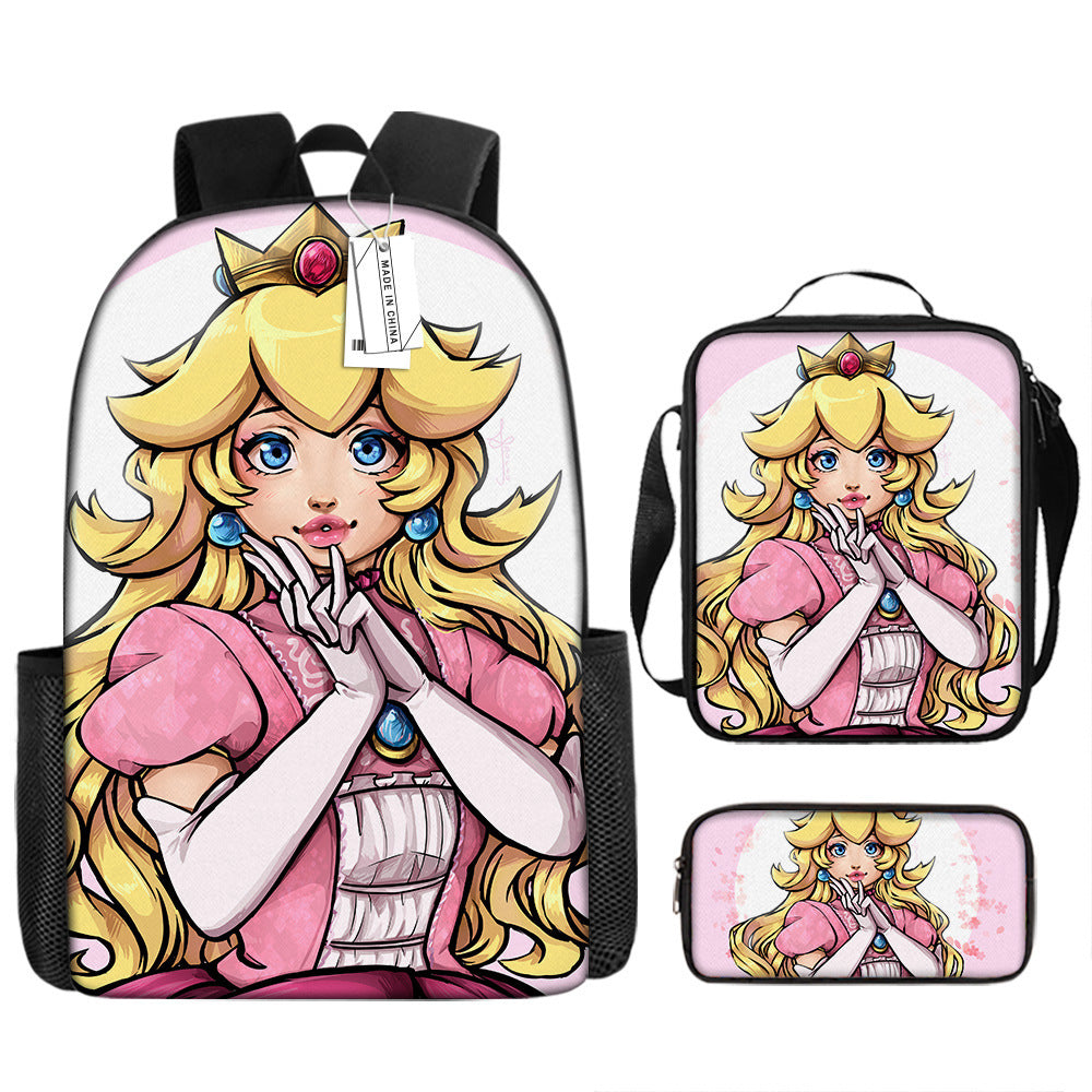 Mario Princess Peach Full Printed Backpack Schoolbag Travel Notebook Bag Lunch Bag Pencil Bag for Kids Students 3PCS