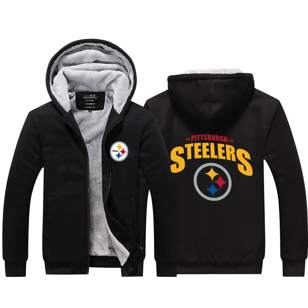 Pittsburgh Football Steelers Unisex Lined Hoodie Fleece Sweatshirt Full Zipper Hooded Thicken Jacket