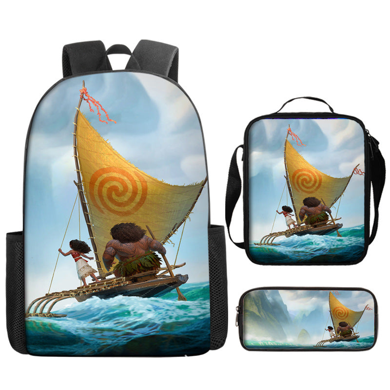 Moana Full Printed Backpack Schoolbag Travel Notebook Bag Lunch Bag Pencil Bag for Kids Students 3PCS