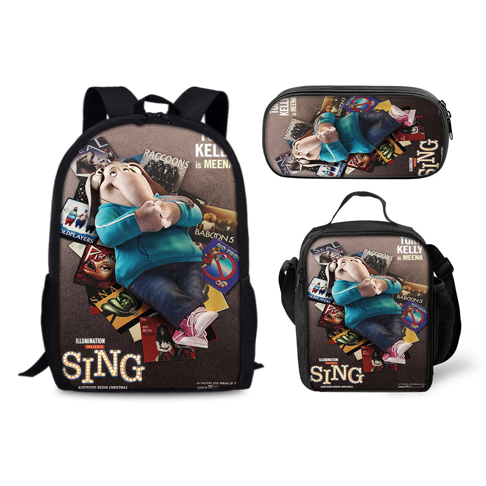 Sing Movie Backpack Schoolbag Lunch Bag Pencil Bag for Kids Students 3PCS