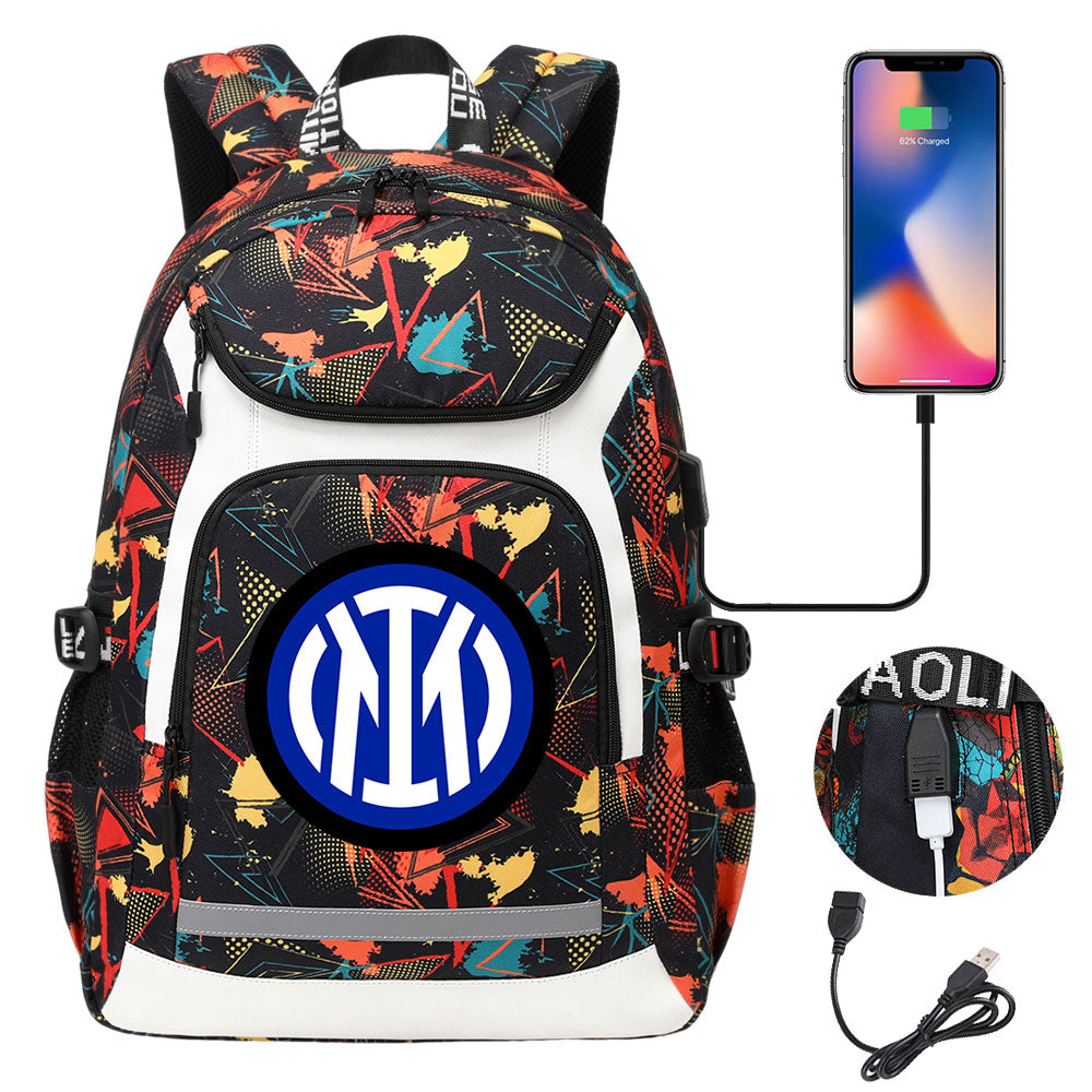 Internazionale Milano Football Club USB Charging Backpack School Notebook Travel Bags