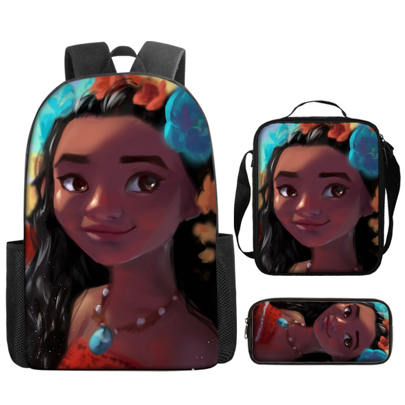 Moana Full Printed Backpack Schoolbag Travel Notebook Bag Lunch Bag Pencil Bag for Kids Students 3PCS