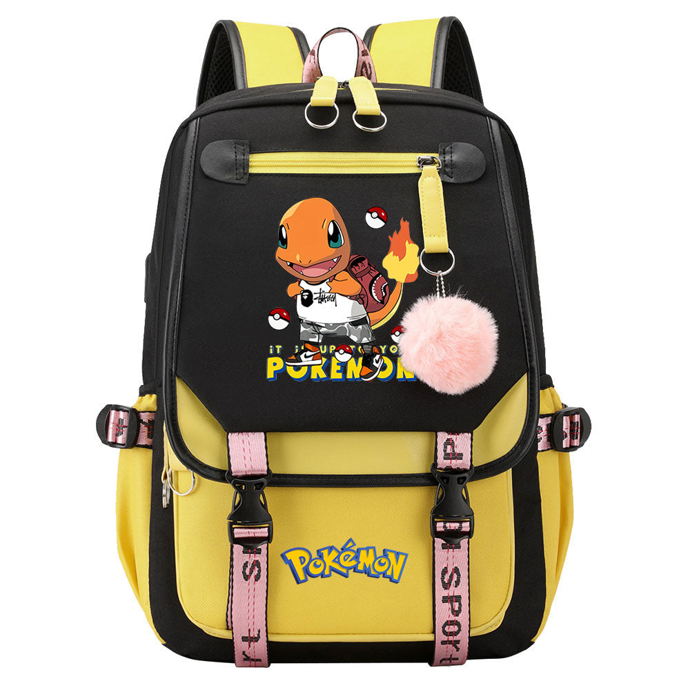 Pokemon Charmander Waterproof Backpack School Notebook Travel Bags USB Charging