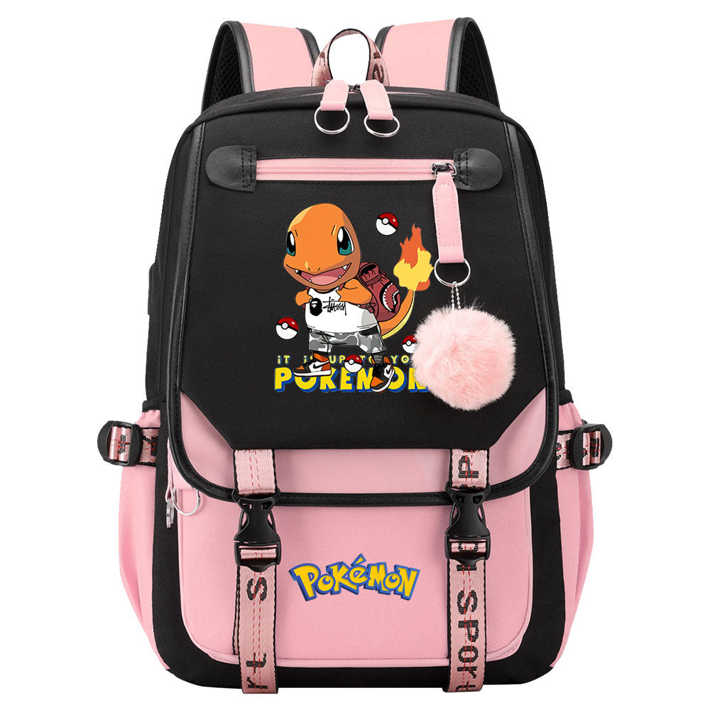 Pokemon Charmander Waterproof Backpack School Notebook Travel Bags USB Charging