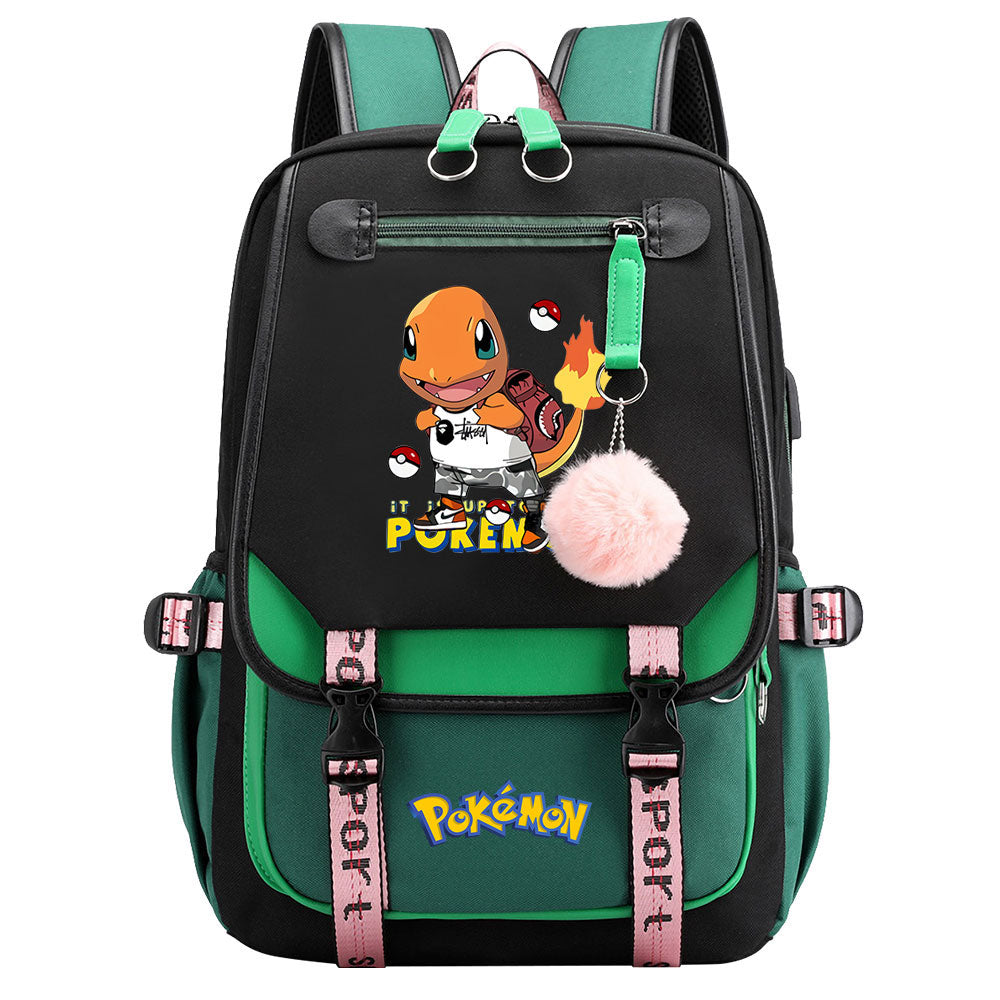 Pokemon Charmander Waterproof Backpack School Notebook Travel Bags USB Charging