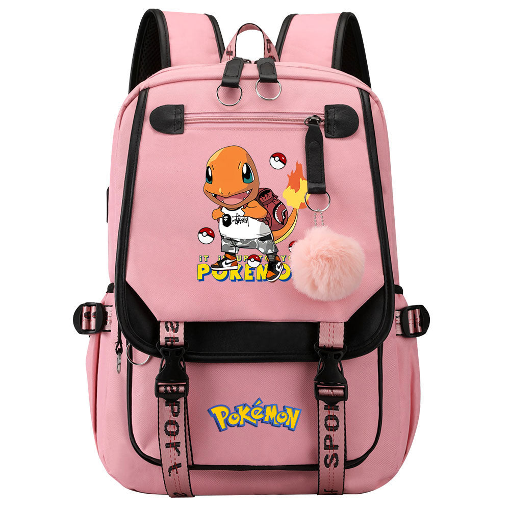 Pokemon Charmander Waterproof Backpack School Notebook Travel Bags USB Charging