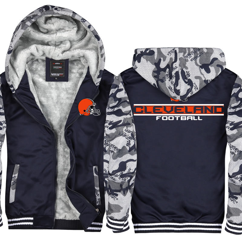 Cleveland Football Team Unisex Lined Hoodie Fleece Sweatshirt Full Zipper Hooded Thicken Jacket