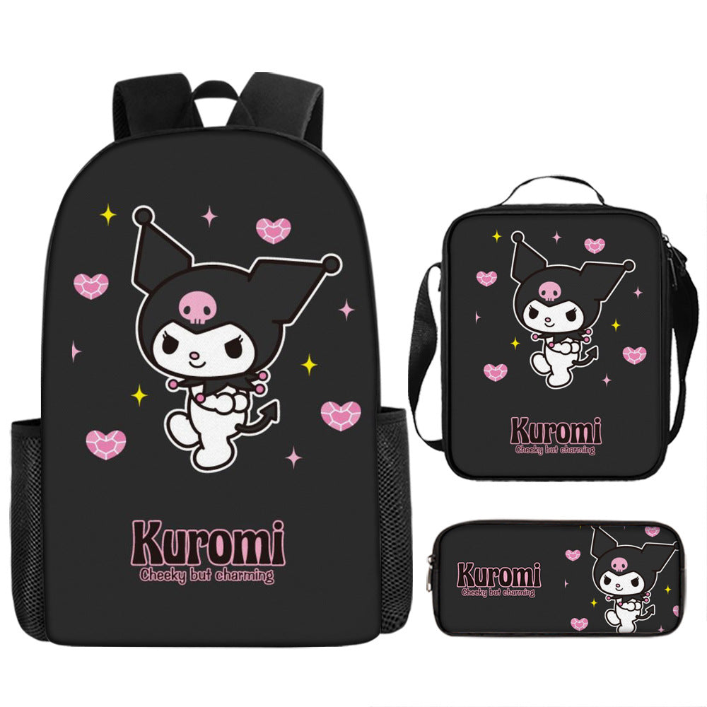 Kuromi Full Printed Backpack Schoolbag Travel Notebook Bag Lunch Bag Pencil Bag for Kids Students 3PCS