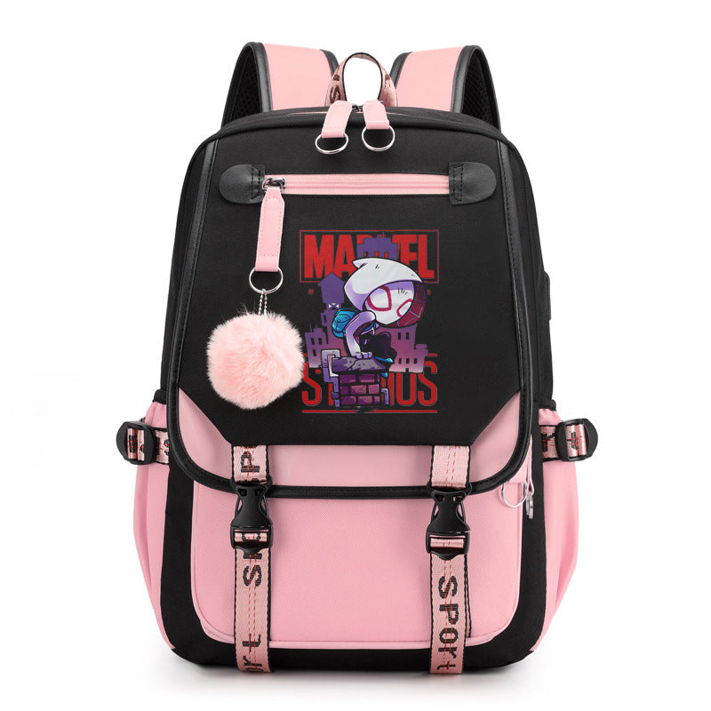 Spiderman Gwen Waterproof Backpack School Notebook Travel Bags USB Charging