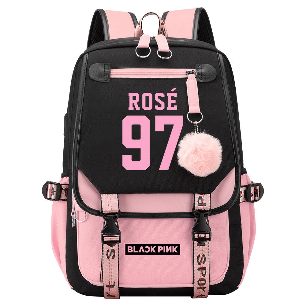 Kpop Blackpink ROSE Waterproof Backpack School Notebook Travel Bag USB Charging