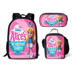 Alices Wonderland Bakery Backpack Schoolbag Lunch Bag Pencil Bag for Kids Students 3PCS