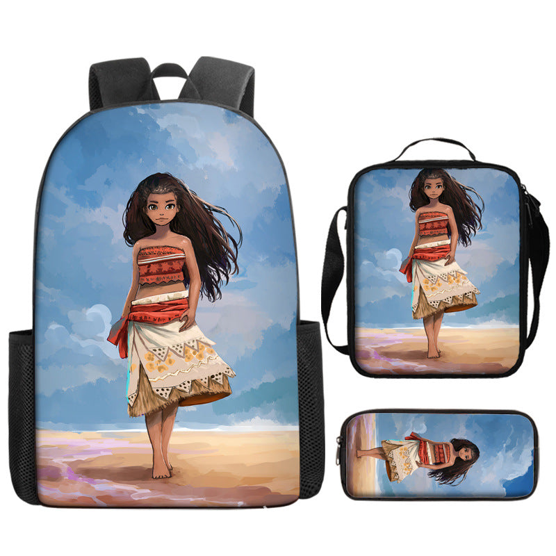 Moana Full Printed Backpack Schoolbag Travel Notebook Bag Lunch Bag Pencil Bag for Kids Students 3PCS