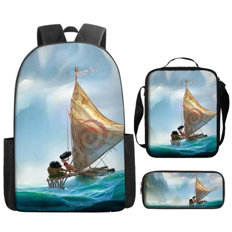 Moana Full Printed Backpack Schoolbag Travel Notebook Bag Lunch Bag Pencil Bag for Kids Students 3PCS