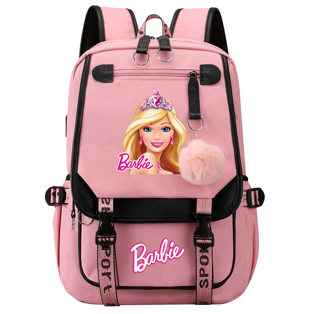 Pink Barbie  Waterproof Backpack School Notebook Travel Bags USB Charging