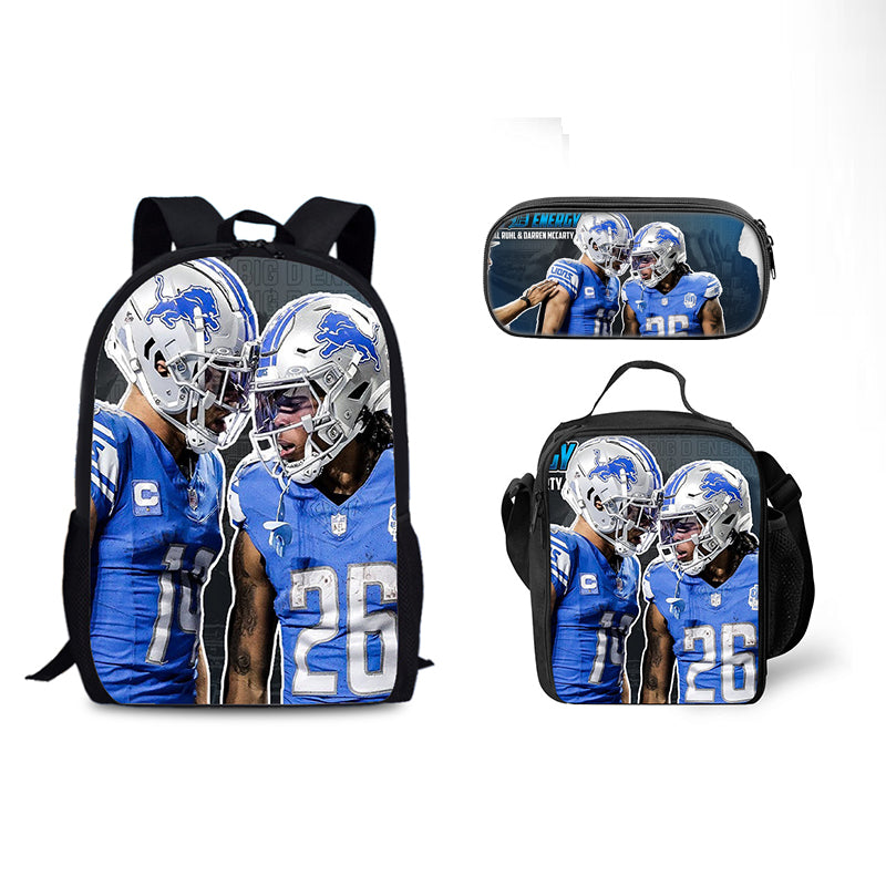 Detroit Lions Football Team Full Printed Backpack Schoolbag Travel Notebook Bag Lunch Bag Pencil Bag for Kids Students 3PCS