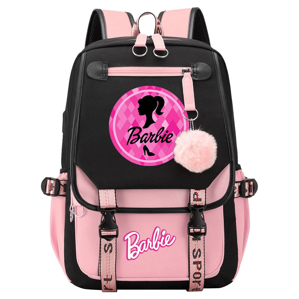 Pink Barbie  Waterproof Backpack School Notebook Travel Bags USB Charging