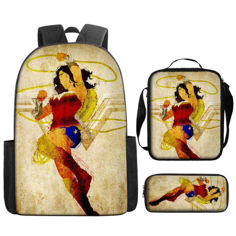 Wonder Woman Full Printed Backpack Schoolbag Travel Notebook Bag Lunch Bag Pencil Bag for Kids Students 3PCS