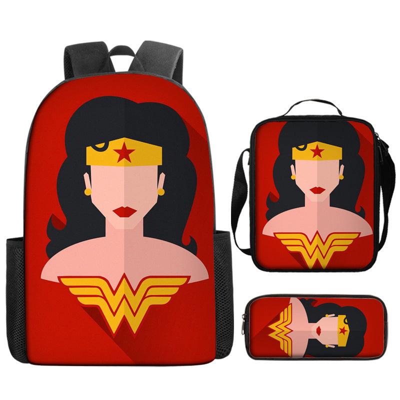 Wonder Woman Full Printed Backpack Schoolbag Travel Notebook Bag Lunch Bag Pencil Bag for Kids Students 3PCS